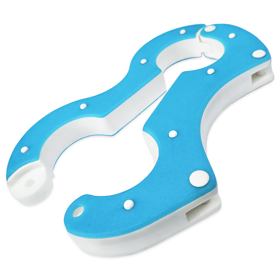 Handmade opened resin Shackled Wrist Pillory restraint, Blue and White, 30mm thick with a white 22mm core and 4mm coloured plates, secures with a clevis pin. Designed by Chantelleh23