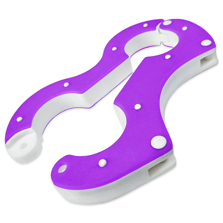 Handmade resin Shackled Wrist Pillory restraint, purple and white, 30mm thick with a white 22mm core and 4mm coloured plates, secured with a clevis pin lock. Designed by Chantelleh23