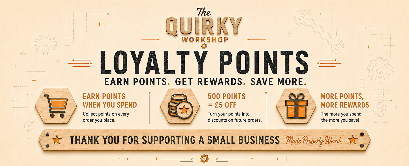 The Quirky Workshop desktop loyalty points banner showing earn points, 500 points equals £5 off, and more points means more rewards.
