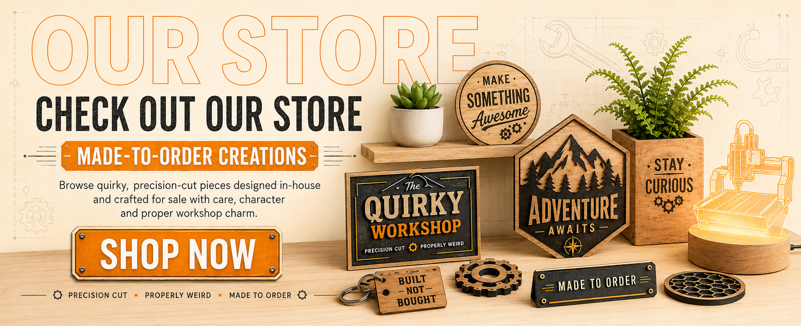 The Quirky Workshop store display featuring made-to-order wooden signs, CNC-cut home decor, desktop