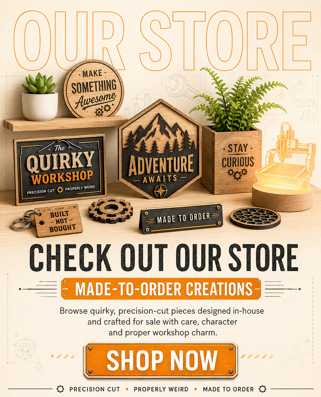 The Quirky Workshop store display featuring made-to-order wooden signs, CNC-cut home decor, mobile