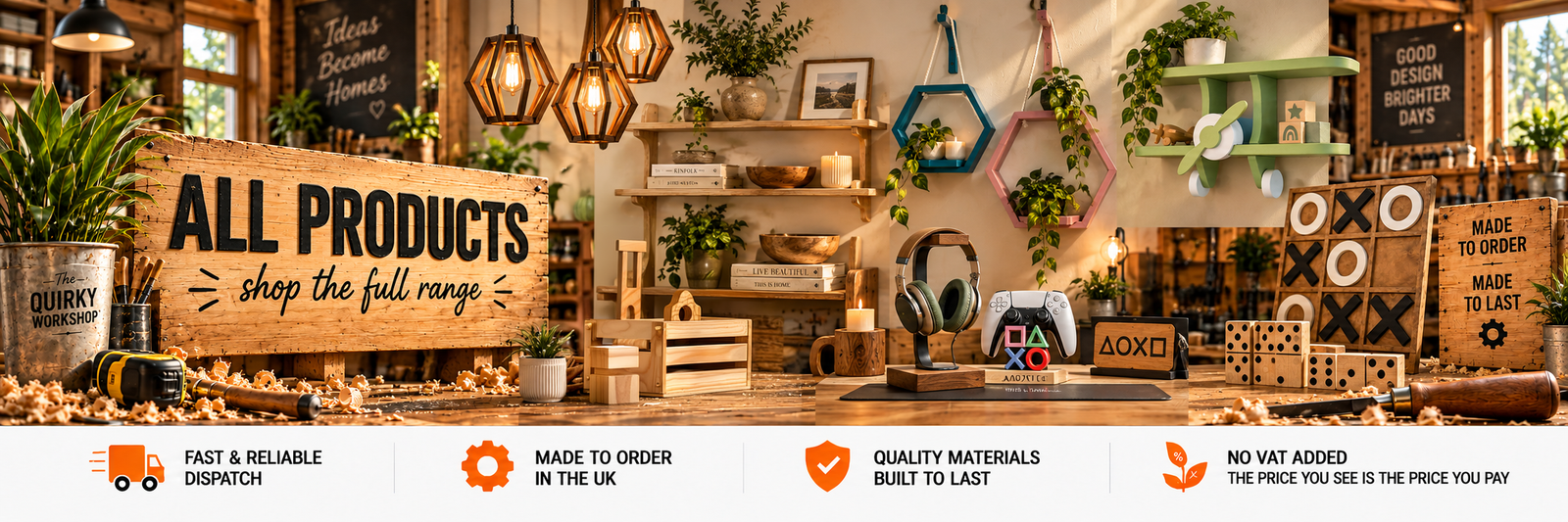 The Quirky Workshop store with handmade home décor, wall art, shelves, furniture, gadgets, lighting and more