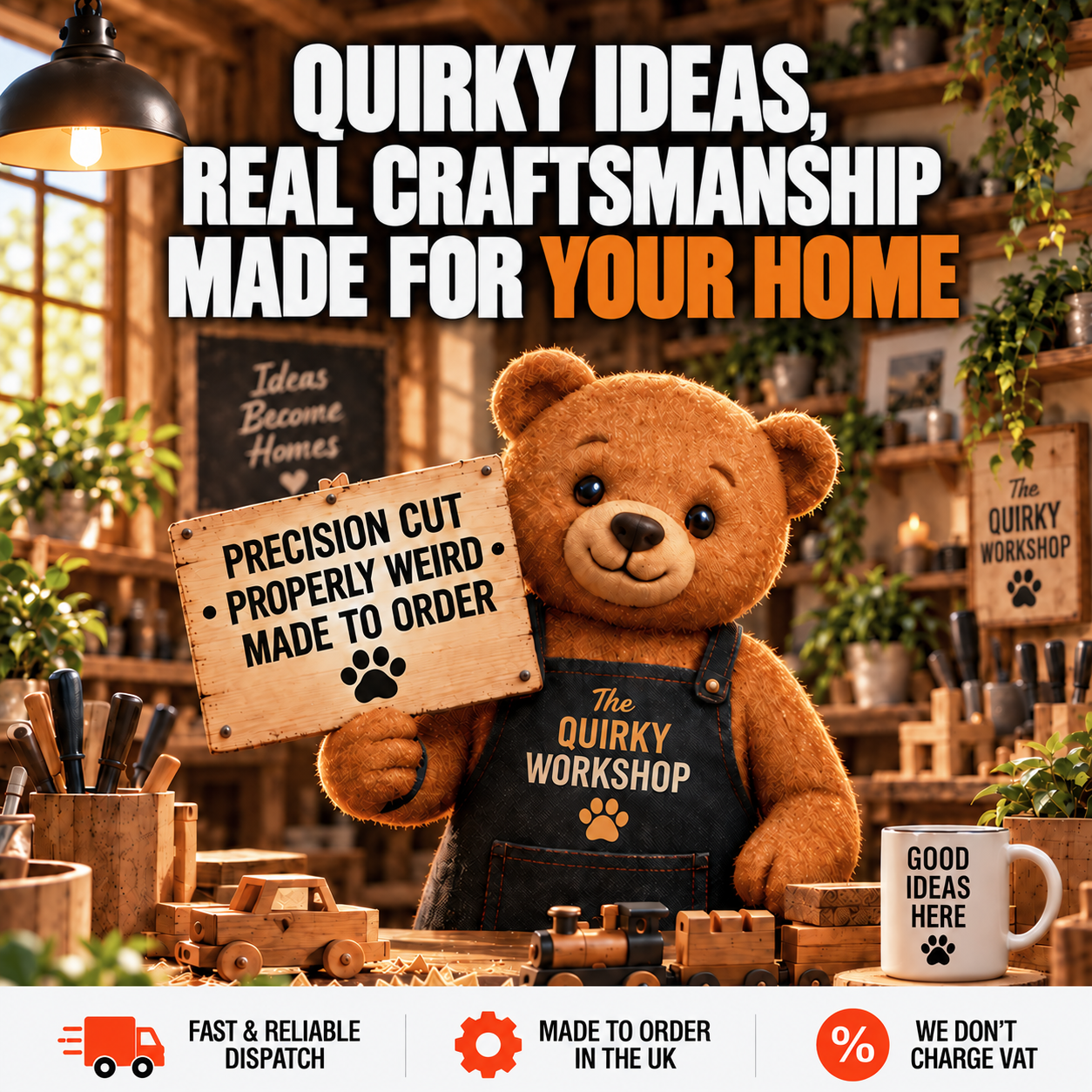 Homepage hero banner for The Quirky Workshop featuring a teddy bear in a workshop holding a sign with the text precision cut, properly weird, made to order