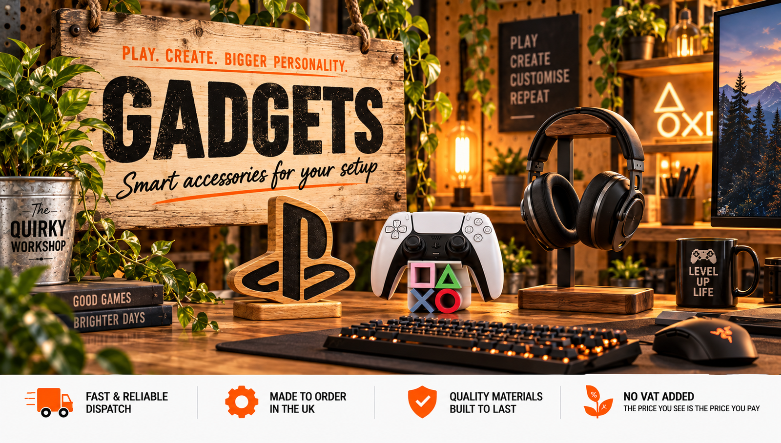 Unique gadgets UK collection featuring a wooden headphone stand and desk accessory mobile