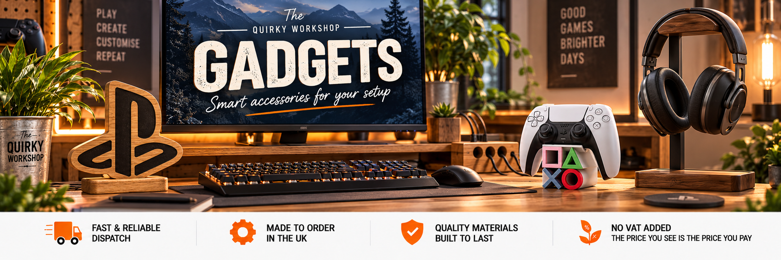 Unique gadgets UK collection featuring a wooden headphone stand and desk accessory