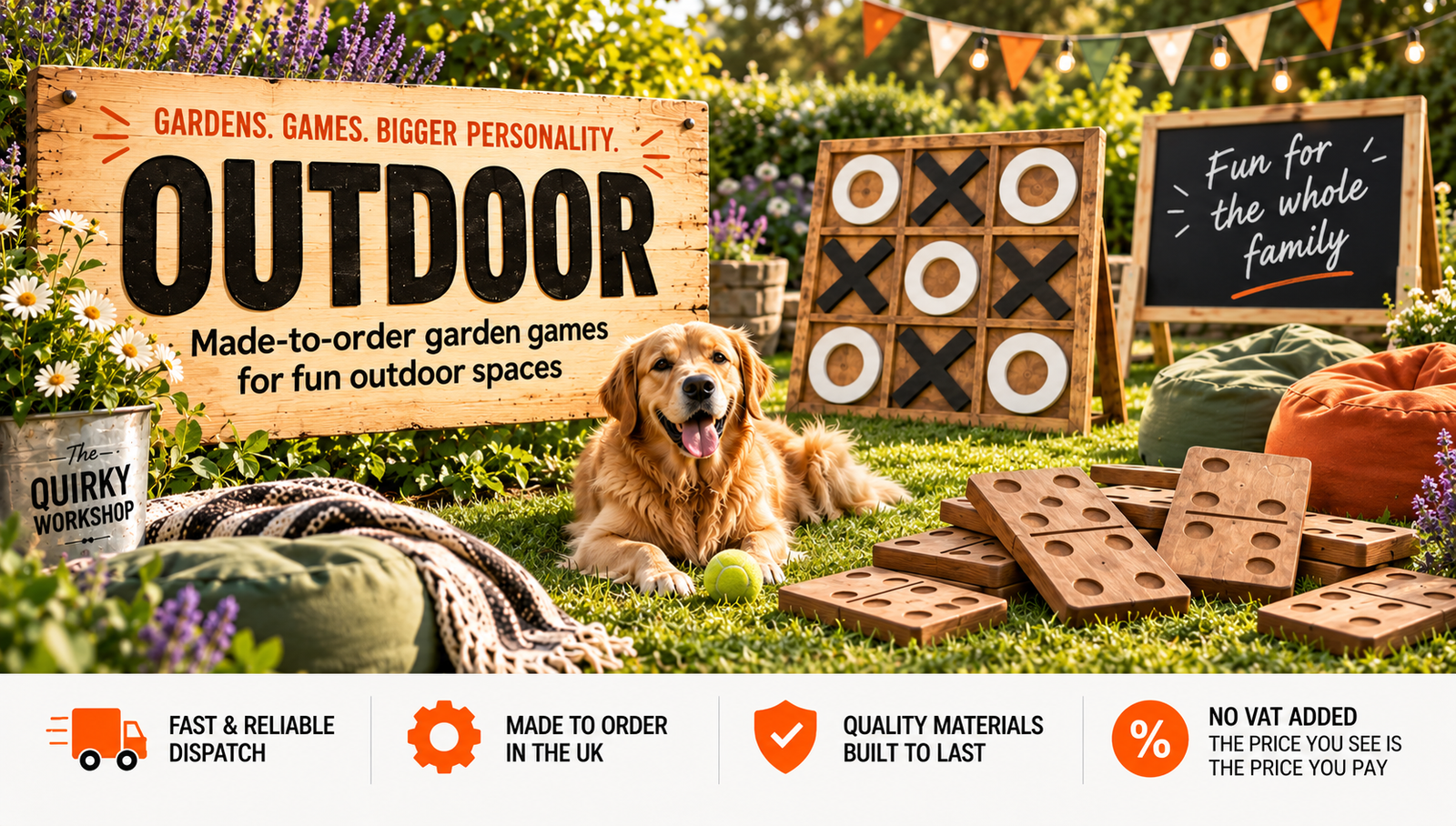 Outdoor games and garden products from The Quirky Workshop including wooden games and family activities, mobile