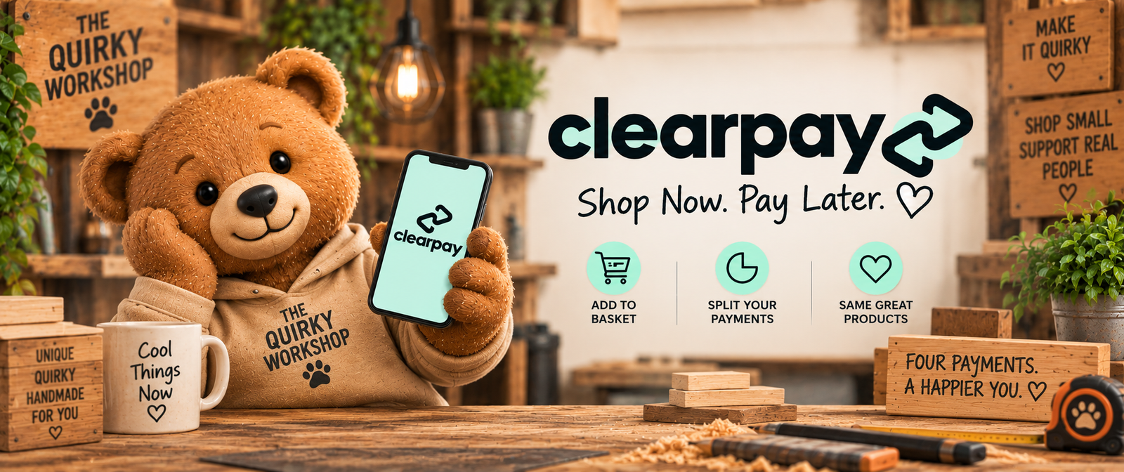 Clearpay at The Quirky Workshop for spreading the cost of eligible purchases