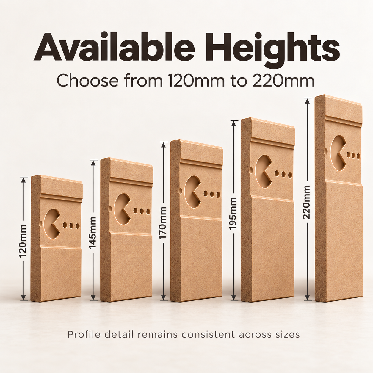 Arcade MDF skirting board available in 120mm, 145mm, 170mm, 195mm and 220mm heights