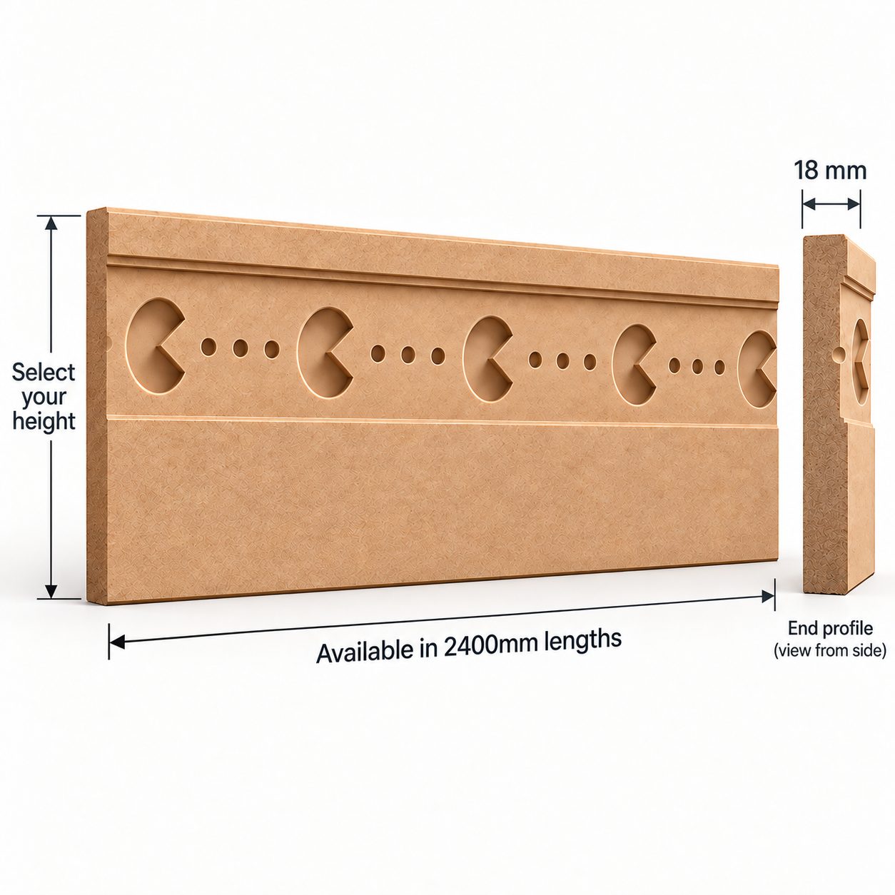 Arcade MDF skirting board dimensions showing 2400mm length, selectable height and 18mm thickness