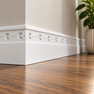 Arcade MDF skirting board installed in a games room with decorative retro gaming design