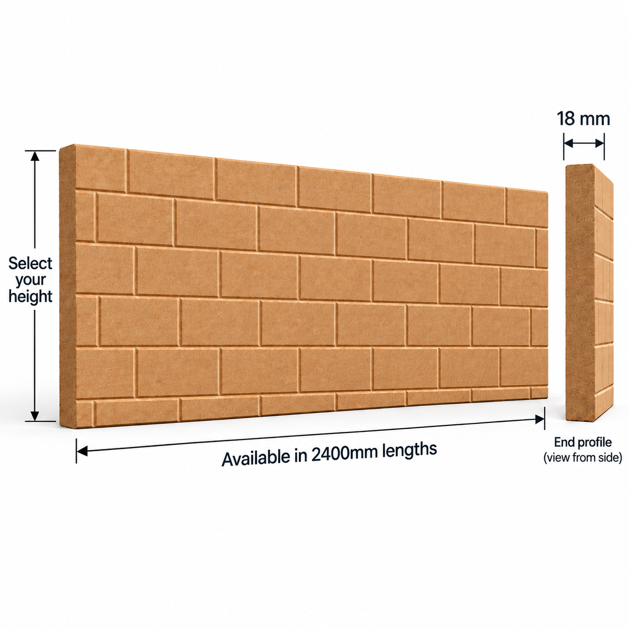 Brickwork MDF skirting board technical diagram showing 2400mm length, 18mm thickness, selectable height and decorative staggered brick pattern with end profile.
