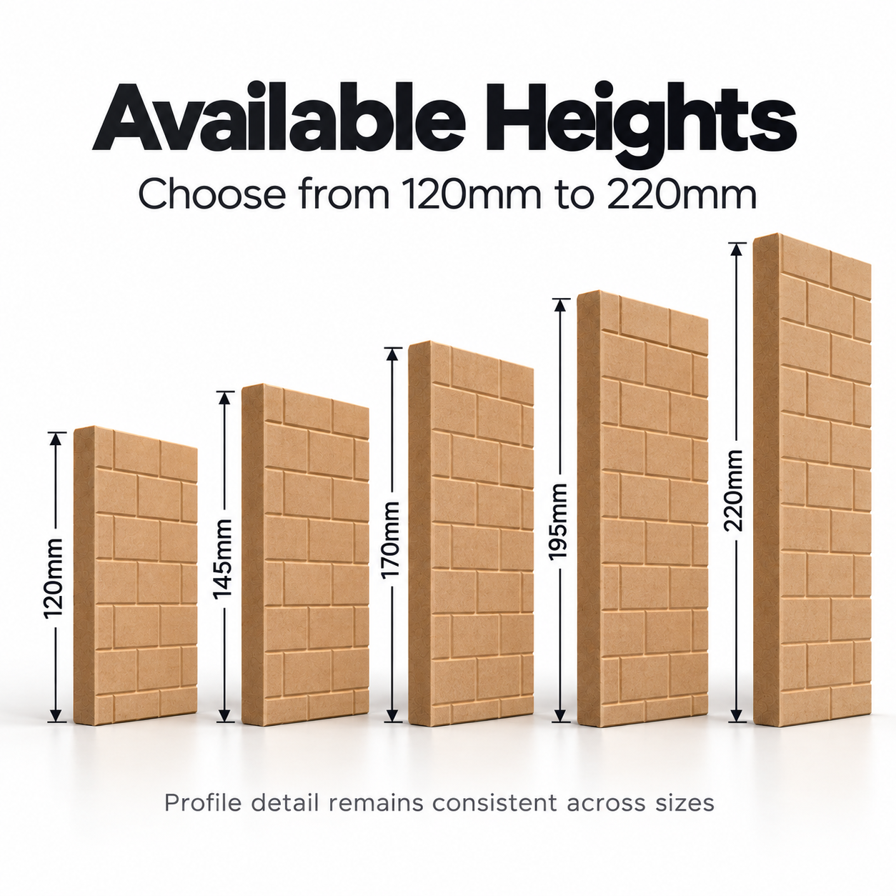 Brickwork MDF skirting board height comparison showing five sizes: 120mm, 145mm, 170mm, 195mm and 220mm, with a decorative staggered brick pattern.