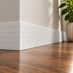 Brickwork MDF skirting board technical diagram showing 2400mm length, 18mm thickness, selectable height and decorative staggered brick pattern with end profile.