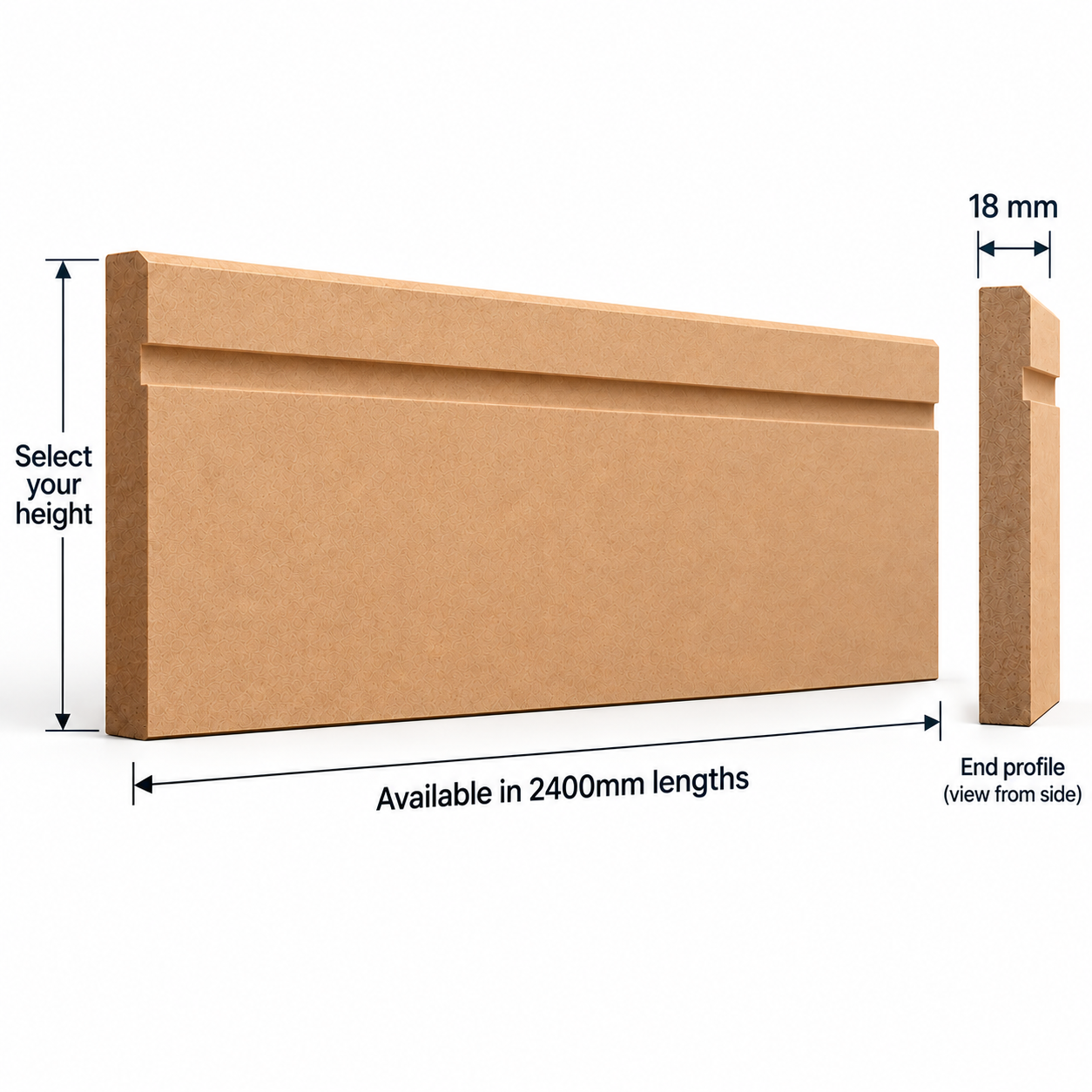 Chamfered Box Groove MDF skirting board technical diagram showing 2400mm length, 18mm thickness, selectable height, single-edge chamfer and recessed groove end profile.