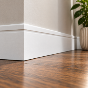 Chamfered Box Groove MDF skirting board painted white, featuring a single chamfered top edge and recessed horizontal box groove, installed around an interior corner.