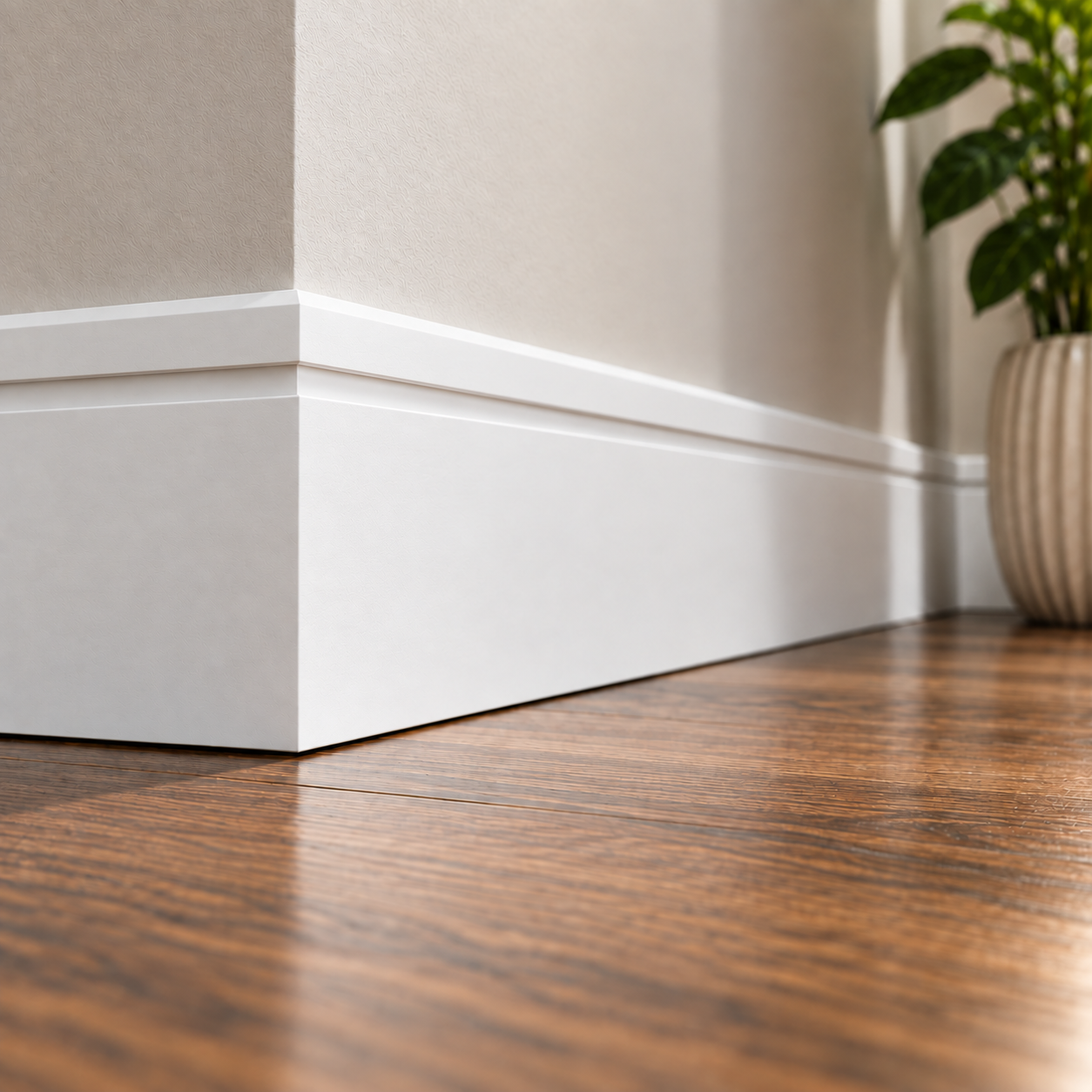 Chamfered Box Groove MDF skirting board painted white, featuring a single chamfered top edge and recessed horizontal box groove, installed around an interior corner.