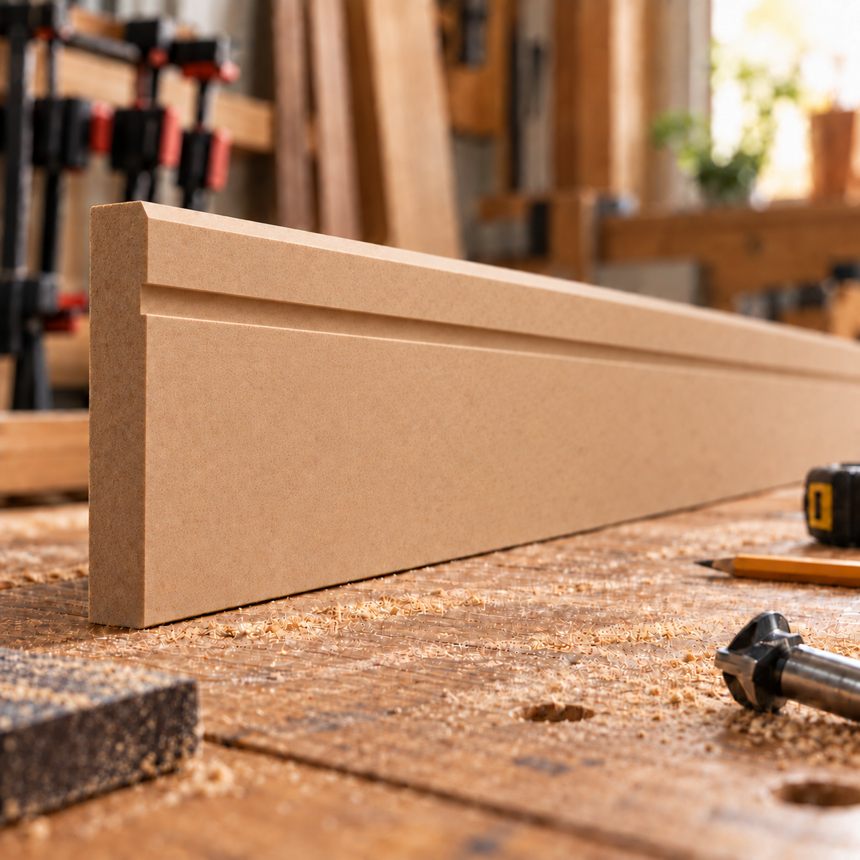 Unfinished Chamfered Box Groove MDF skirting board on a woodworking bench, showing the chamfered top edge and precision-machined horizontal groove.