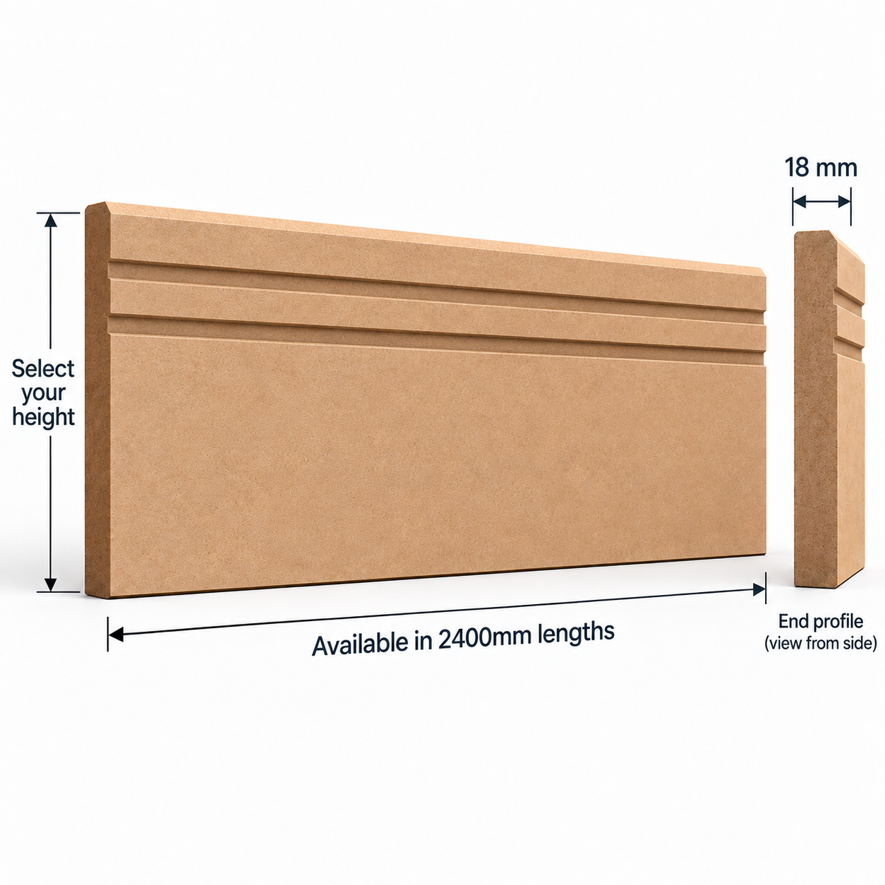 Chamfered Double Box Groove MDF skirting board technical diagram showing 2400mm length, 18mm thickness, selectable height and a single-edge chamfer with two horizontal box grooves.