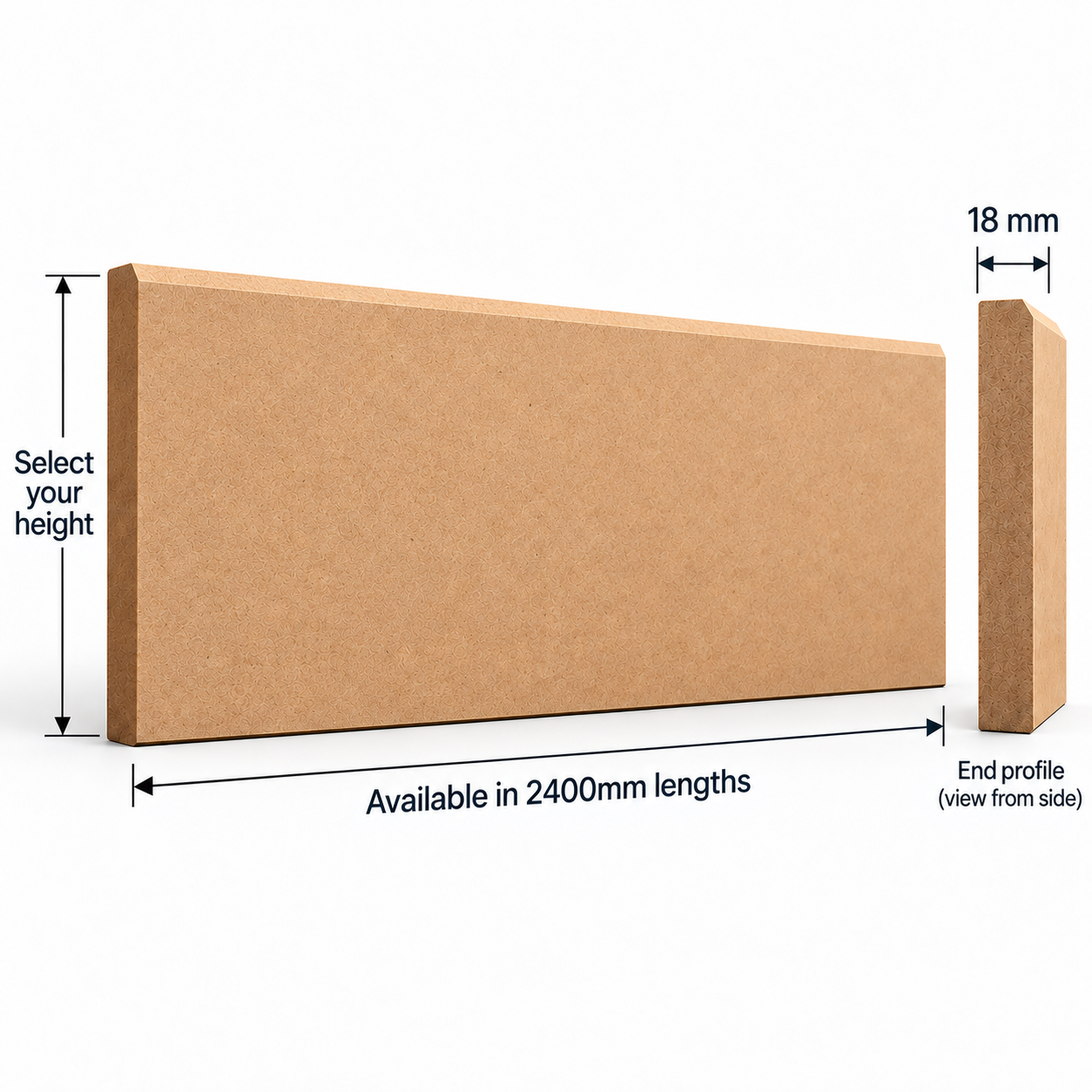 Chamfered MDF Skirting Board technical diagram showing 2400mm length, 18mm thickness, selectable height and a plain end profile with one 45-degree chamfer.
