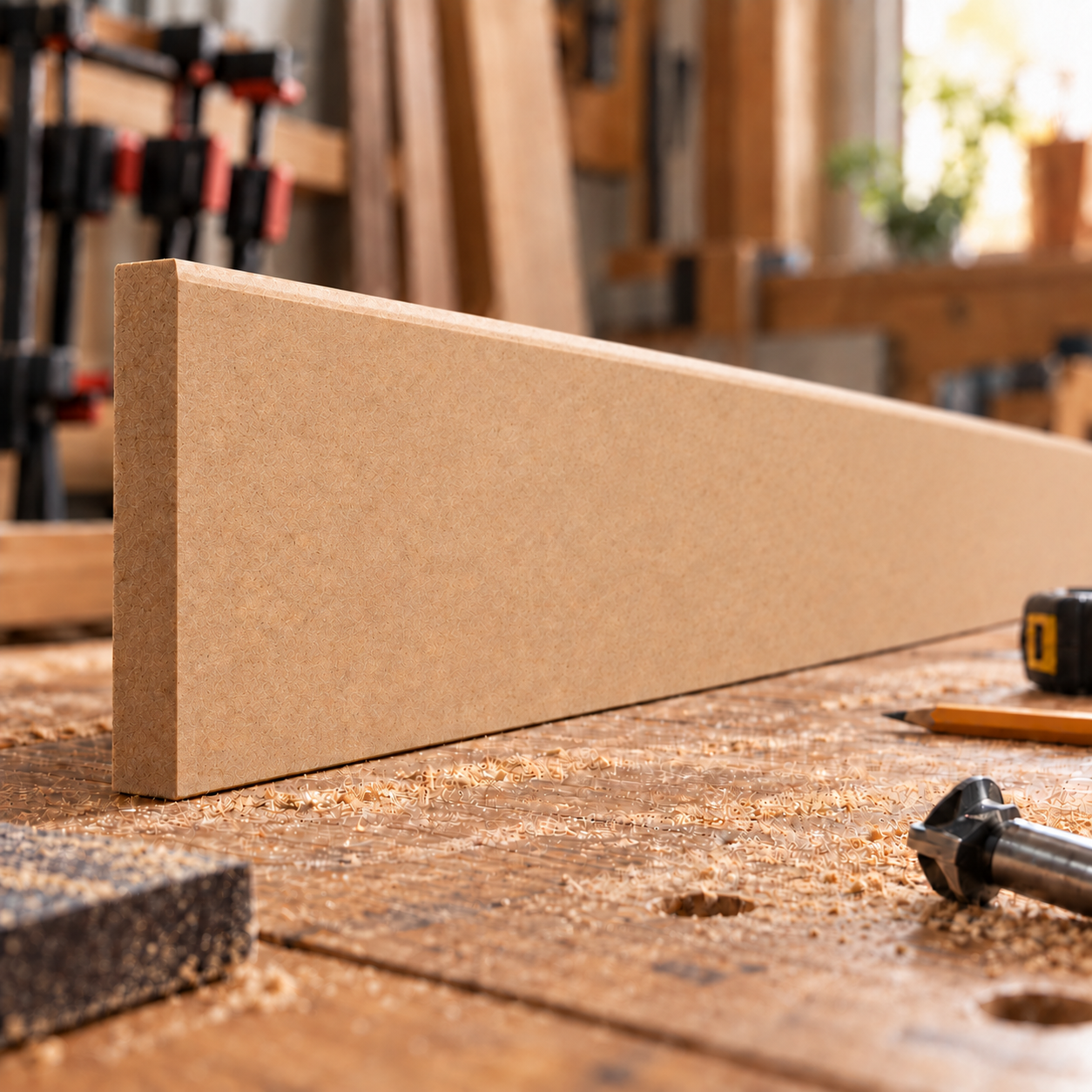 Unfinished Chamfered MDF Skirting Board on a woodworking bench, showing natural MDF, a plain front face and a precision-machined 45-degree top chamfer.