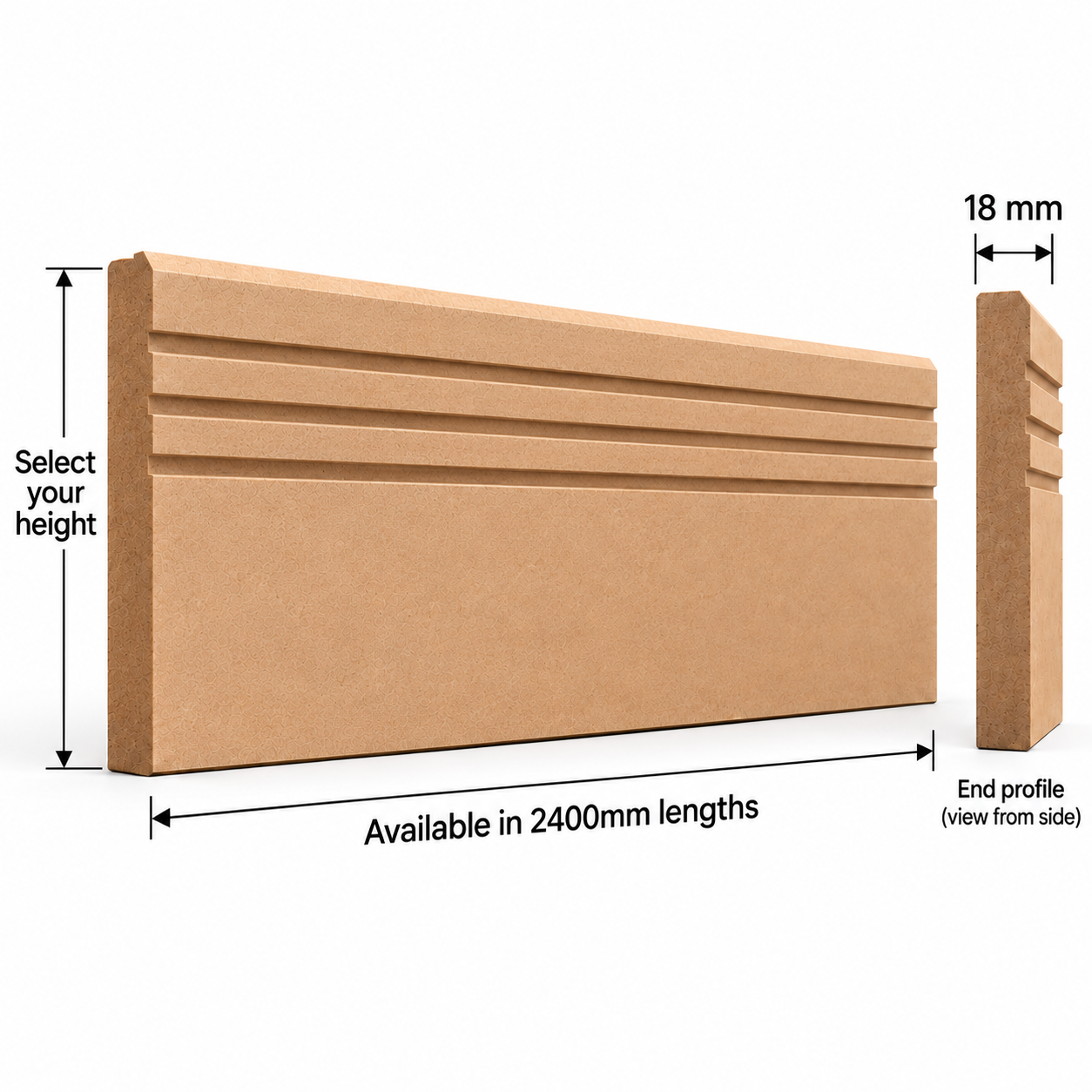 Chamfered Triple Box Groove MDF skirting board technical diagram showing 2400mm length, 18mm thickness, selectable height, chamfered top edge and three grooves.