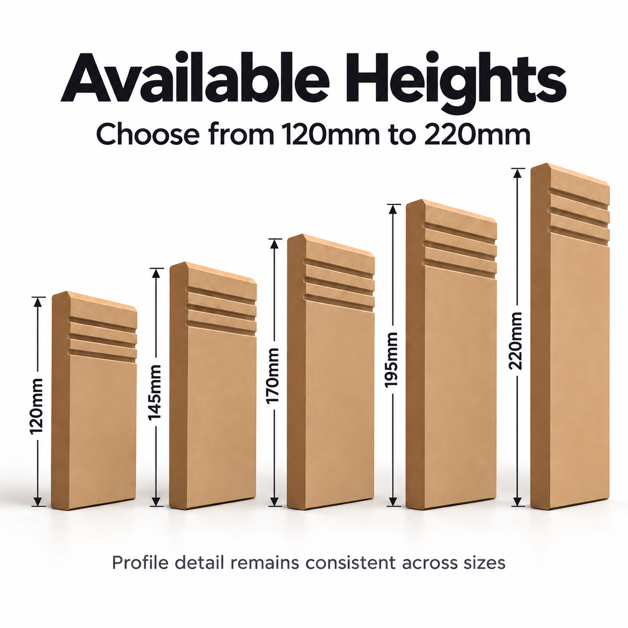 Chamfered Triple Box Groove MDF skirting board height comparison showing 120mm, 145mm, 170mm, 195mm and 220mm sizes with matching three-groove profiles.
