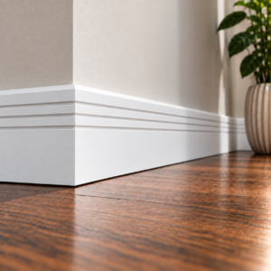 Chamfered Triple Box Groove MDF skirting board painted white, with a single chamfered top edge and three horizontal grooves, installed around a room corner.