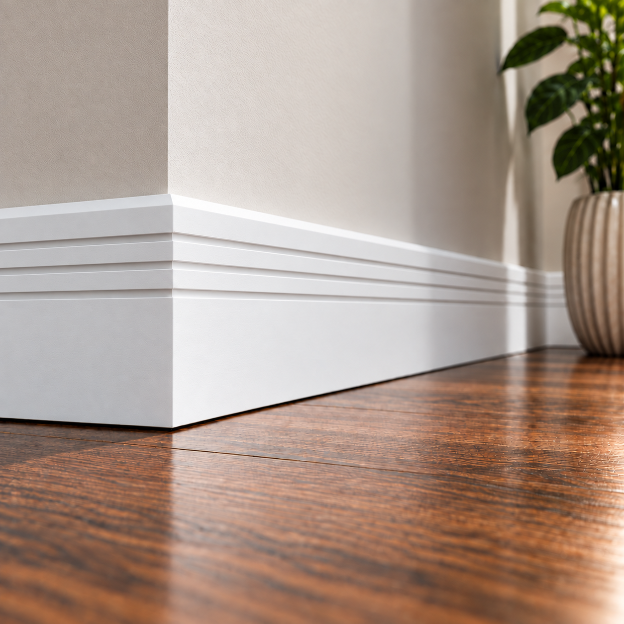 Chamfered Triple Box Groove MDF skirting board painted white, with a single chamfered top edge and three horizontal grooves, installed around a room corner.
