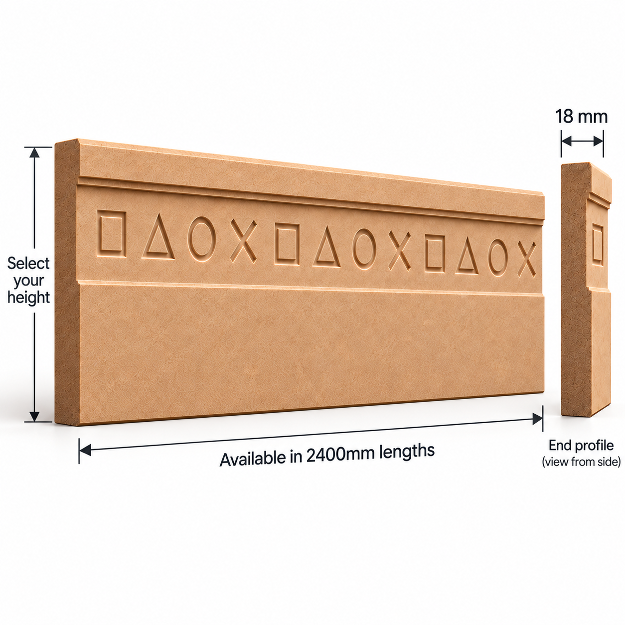 Gamer MDF skirting board technical diagram showing 2400mm length, 18mm thickness, selectable height and CNC-routed gaming controller symbols with end profile.