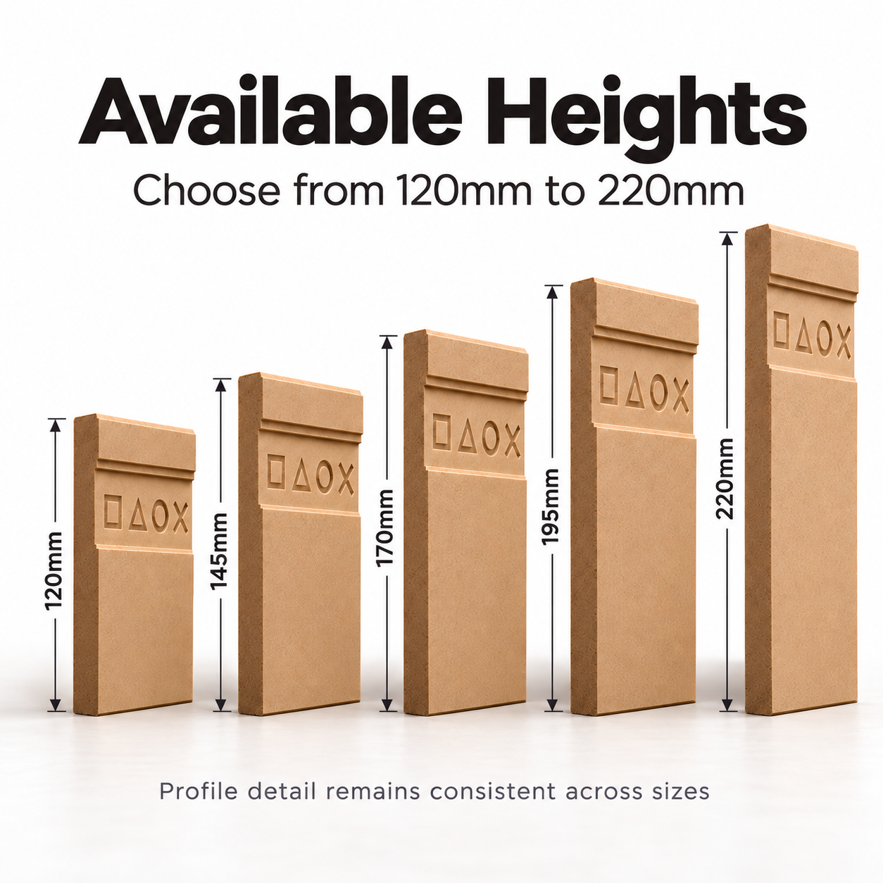 Gamer MDF skirting board available in five heights: 120mm, 145mm, 170mm, 195mm and 220mm, featuring CNC-routed gaming controller symbols.