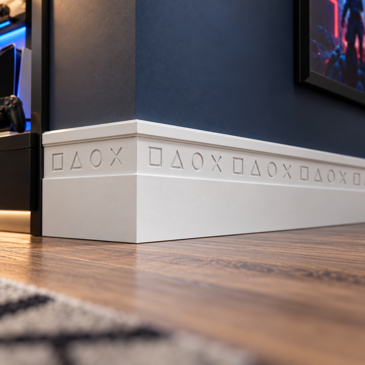 Gamer MDF skirting board painted white with CNC-routed gaming controller symbols, installed around a corner in a modern gaming bedroom.