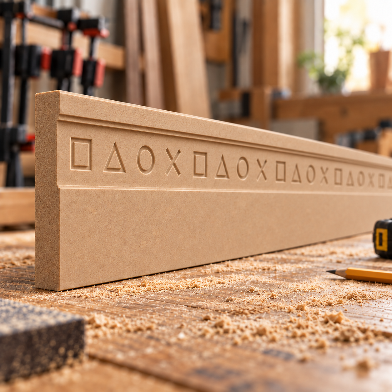 Gamer MDF skirting board in unfinished natural MDF, featuring CNC-machined square, triangle, circle and cross gaming symbols on a woodworking bench.