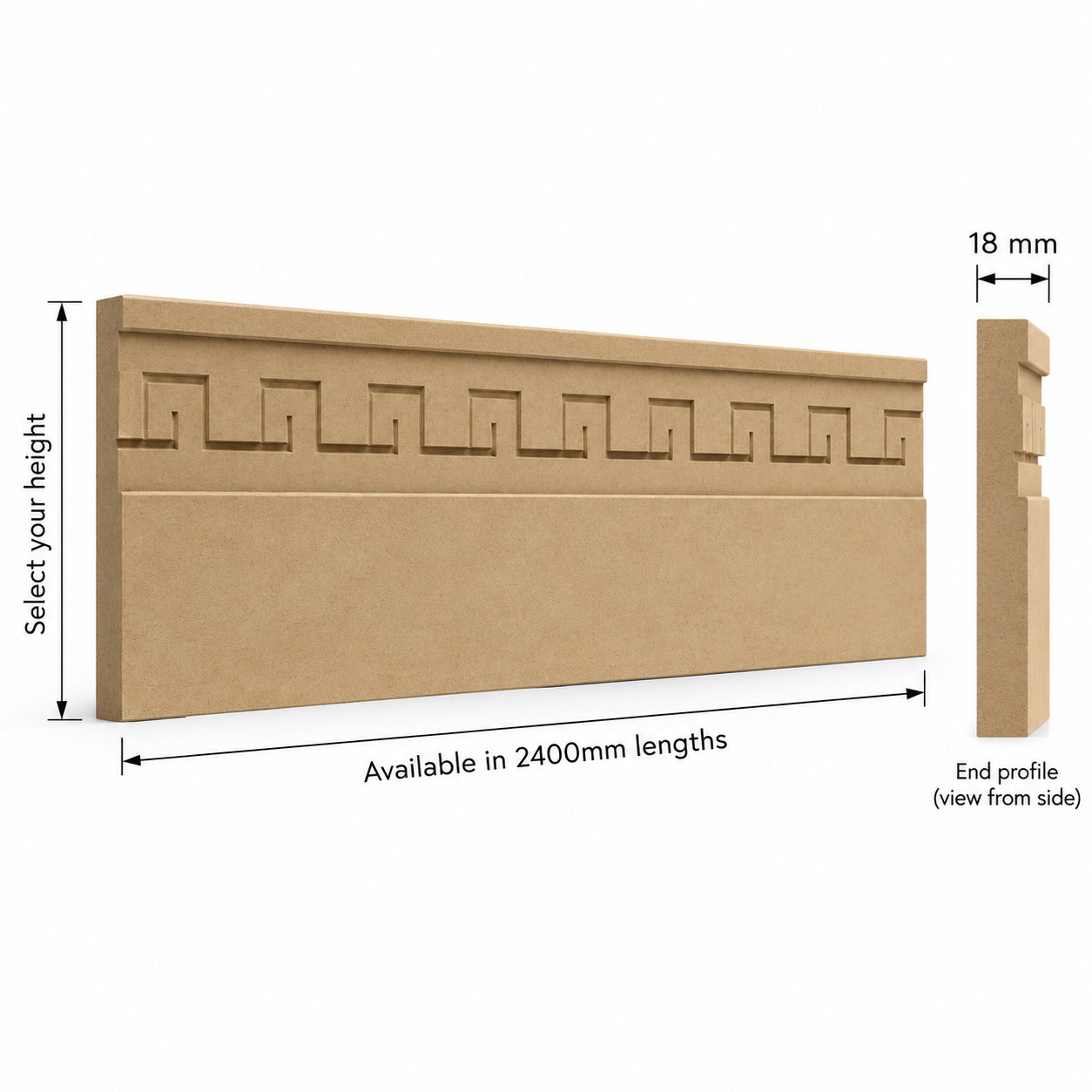 Greek Key MDF skirting board technical diagram showing 2400mm length, 18mm thickness, decorative geometric pattern and end profile.