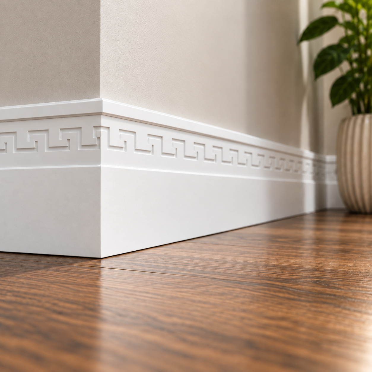 Greek Key MDF skirting board painted white and installed around an interior corner, featuring a decorative geometric pattern above a wooden floor.
