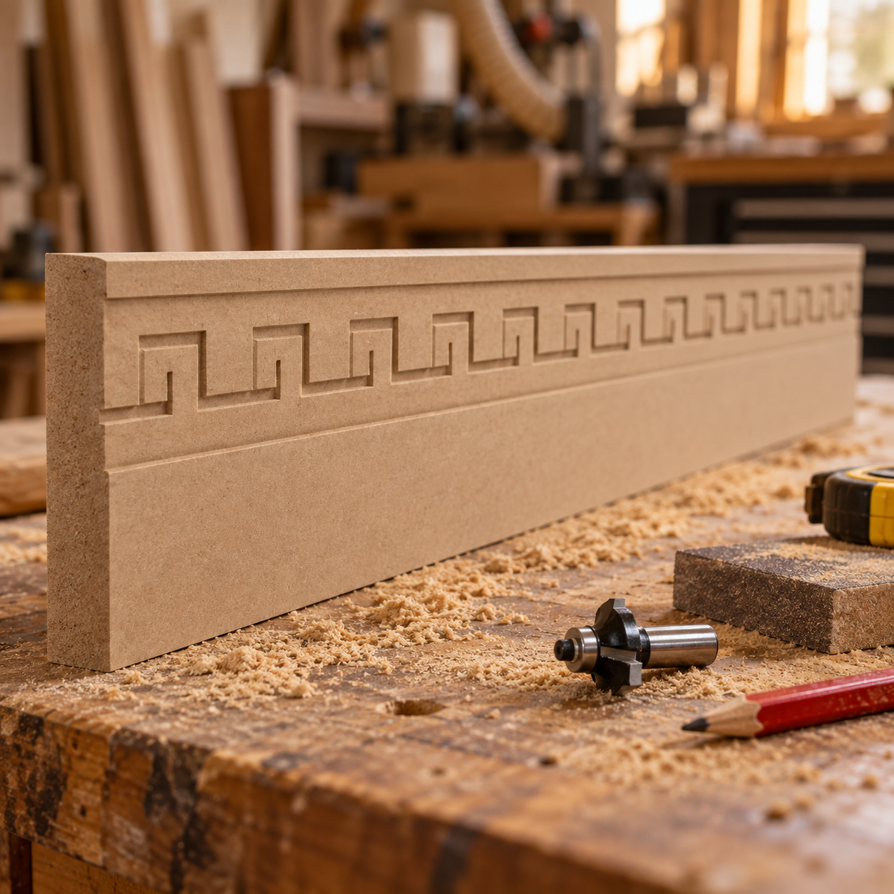 Greek Key MDF skirting board in unfinished 18mm MDF with precision CNC-machined geometric pattern on a woodworking bench