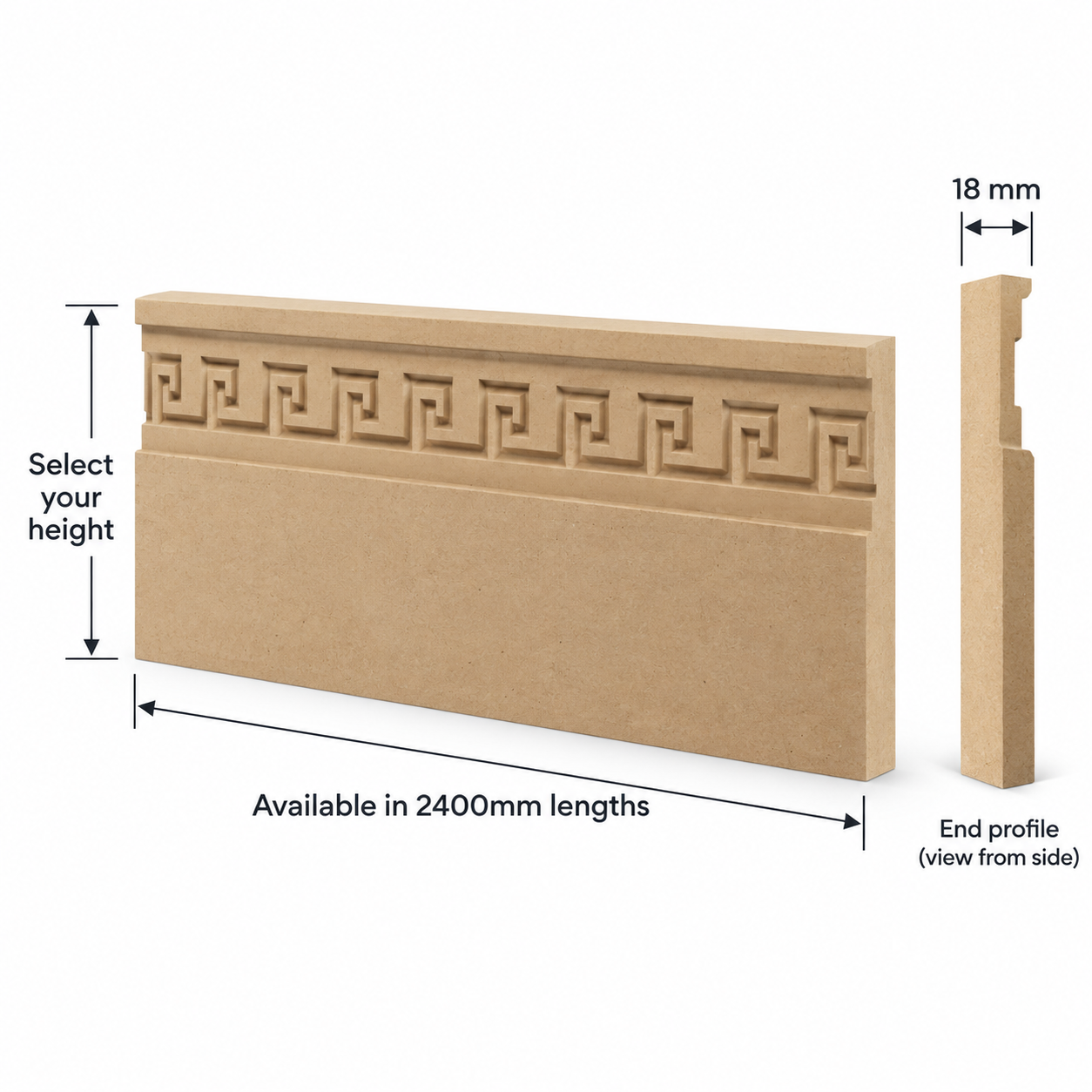 Greek Meander MDF skirting board technical diagram showing 2400mm length, 18mm thickness, selectable height and decorative spiral end profile.