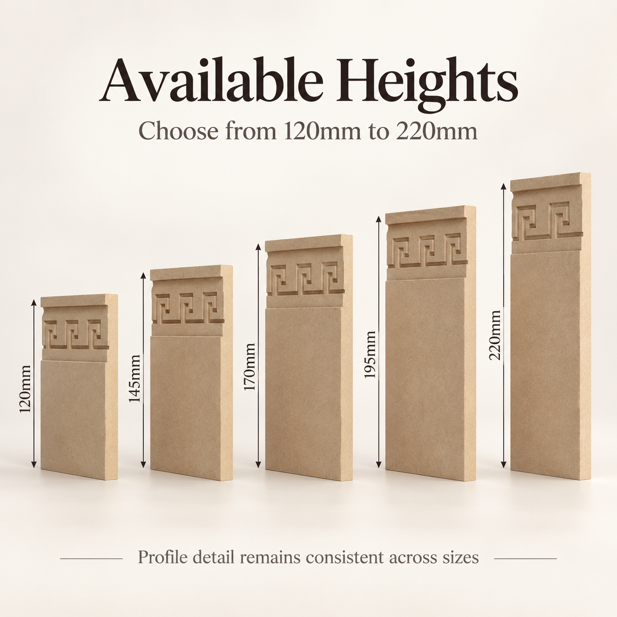 Greek Meander MDF skirting board height comparison showing five sizes: 120mm, 145mm, 170mm, 195mm and 220mm, with decorative geometric spiral detailing.