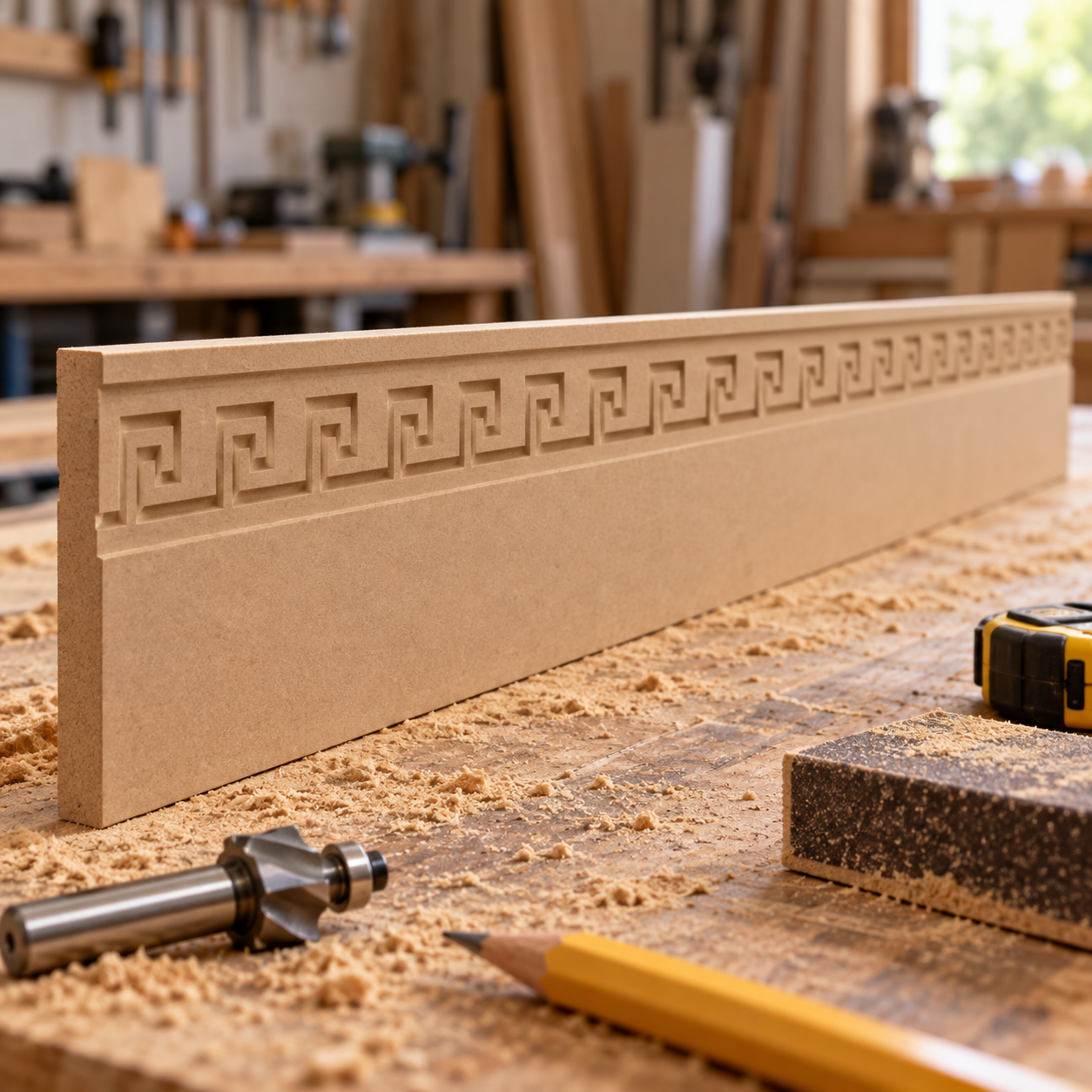 Greek Meander MDF skirting board in unfinished natural MDF, showing a repeating CNC-machined geometric spiral pattern on a woodworking bench.