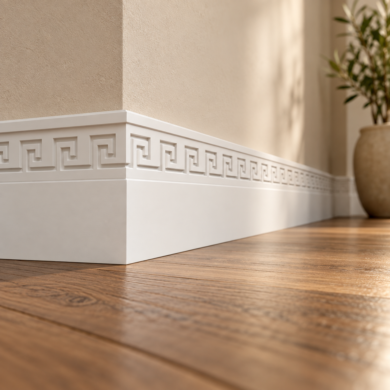 Greek Meander MDF skirting board painted white and installed around an interior corner, featuring a decorative geometric spiral pattern above wooden flooring.