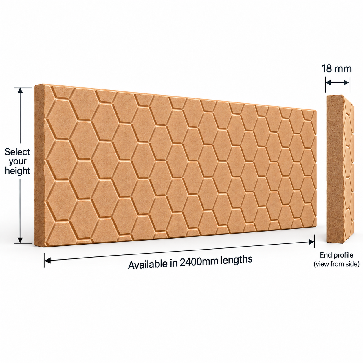 Honeycomb Haven MDF skirting board technical diagram showing 2400mm length, 18mm thickness, selectable height and full-face honeycomb pattern with end profile.