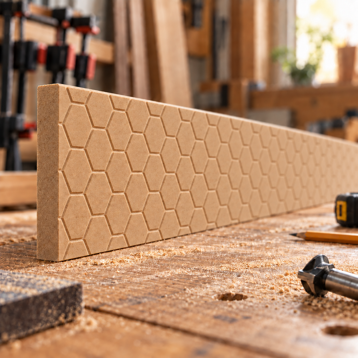 Unfinished Honeycomb Haven MDF skirting board showing a full-face CNC-machined honeycomb pattern in natural MDF on a woodworking bench.