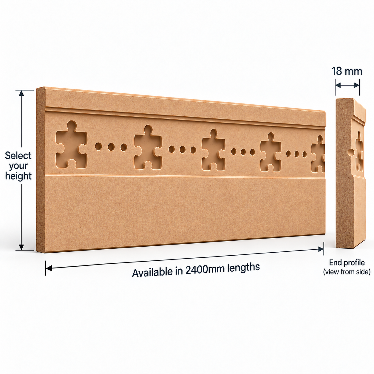 Jigsaw Puzzle MDF skirting board technical diagram showing 2400mm length, 18mm thickness, selectable height and recessed puzzle-piece design with end profile.
