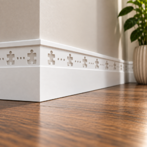 Jigsaw Puzzle MDF skirting board painted white with recessed puzzle pieces and dotted detailing, fitted around a corner in a bright interior.