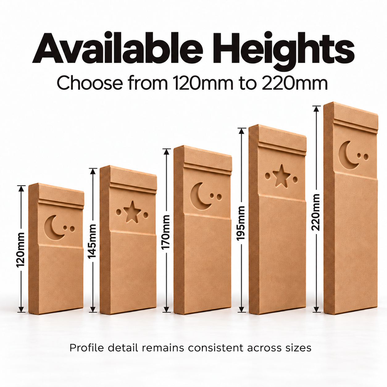 Little Dreamer MDF Skirting Board height chart comparing 120mm, 145mm, 170mm, 195mm and 220mm boards with alternating moon and star motifs.