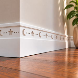 Little Dreamer MDF Skirting Board painted white and installed around a bedroom wall corner, featuring recessed crescent moons, stars and decorative dots.
