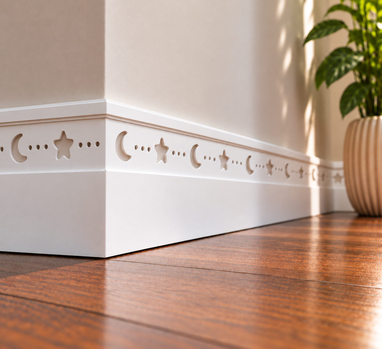 Little Dreamer MDF Skirting Board painted white and installed around a bedroom wall corner, featuring recessed crescent moons, stars and decorative dots.