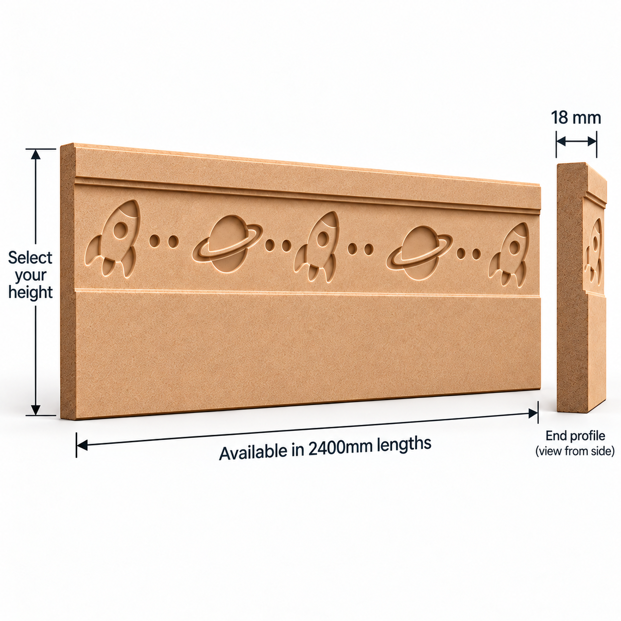 Little Explorer MDF Skirting Board technical diagram showing recessed rockets and planets, 2400mm length, 18mm thickness and selectable height.