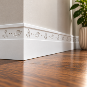 Little Explorer MDF Skirting Board painted white and installed around a bedroom wall corner, featuring recessed rockets, ringed planets and decorative dots.
