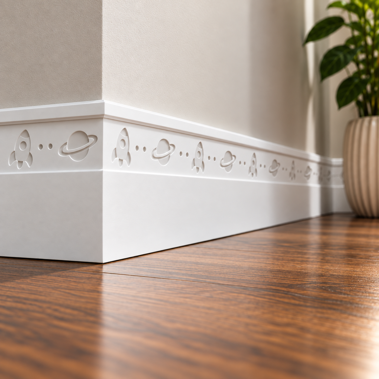 Little Explorer MDF Skirting Board painted white and installed around a bedroom wall corner, featuring recessed rockets, ringed planets and decorative dots.