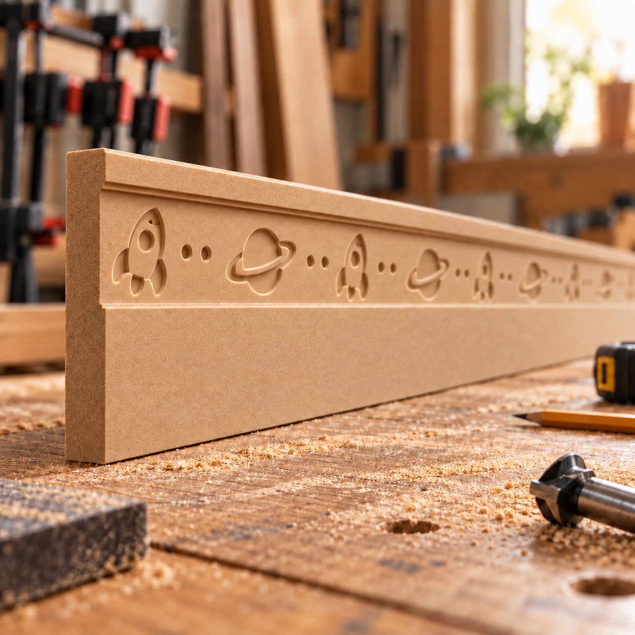 Little Explorer MDF Skirting Board in natural unfinished MDF on a workshop bench, showing CNC-routed rockets, ringed planets and decorative dots.
